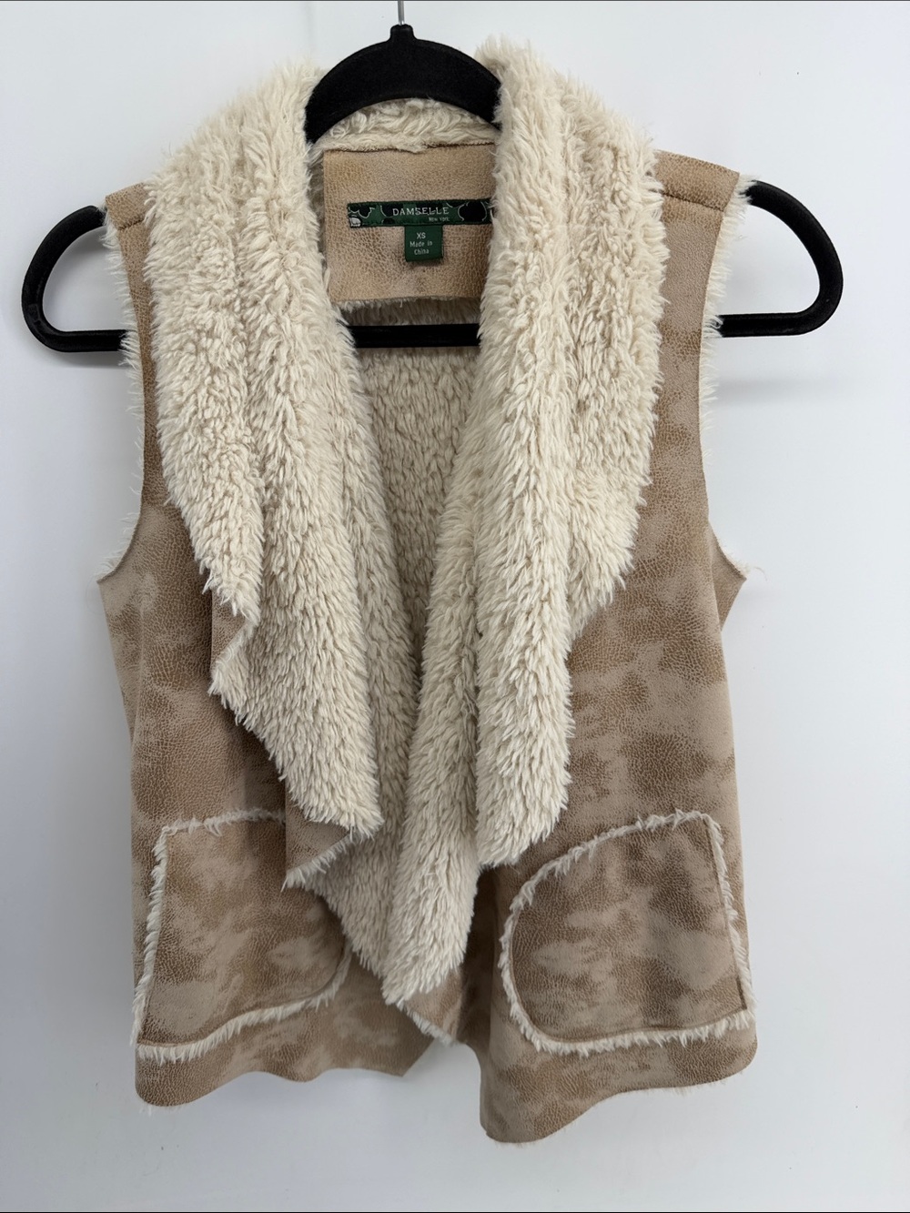 Damselle faux suede faux fur lined long line patch pocket vest sz XS